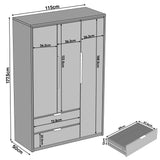 [Grey]  Skova 3 door wardrobe size schematic: 115cm W, 50cm D, 177.5cm H plus 72.8cm drawer and 36.2cm door