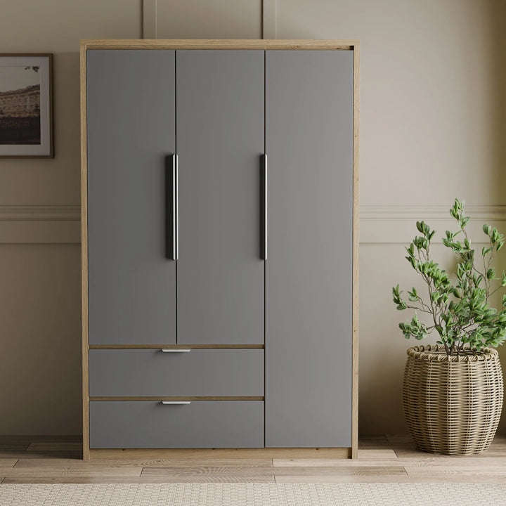 [Grey]  Head-on Skova 3 door wardrobe, three tall doors, two drawers and oak-effect frame
