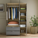[Grey]  Skova 3 door wardrobe storage layout: long rail, shelved column and two internal drawers