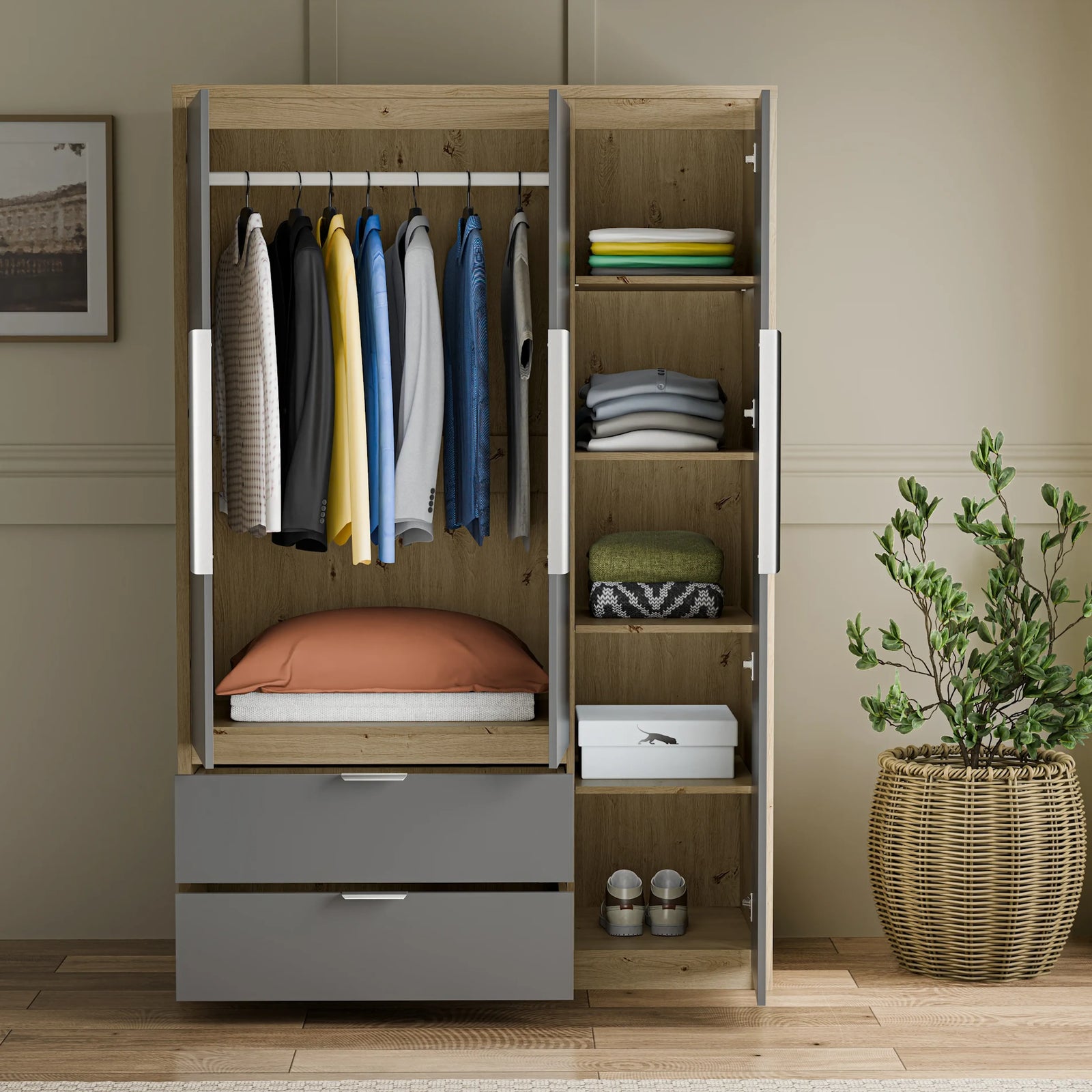[Grey]  Skova 3 door wardrobe storage layout: long rail, shelved column and two internal drawers