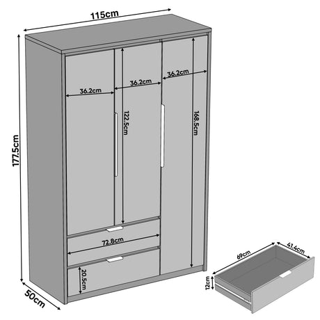 [Oak+Grey] Skova 3 door wardrobe size schematic: 115cm W, 50cm D, 177.5cm H plus 72.8cm drawer and 36.2cm door