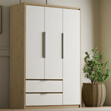 [White] Angled hero of Skova 3 door wardrobe with three tall doors, two drawers and slim metal handles