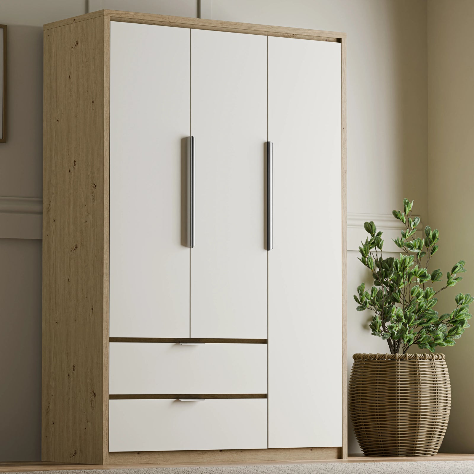 [White] Angled hero of Skova 3 door wardrobe with three tall doors, two drawers and slim metal handles