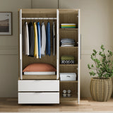 [White] Open Skova wardrobe layout: long hanging rail, tall shelf stack and two internal drawers below