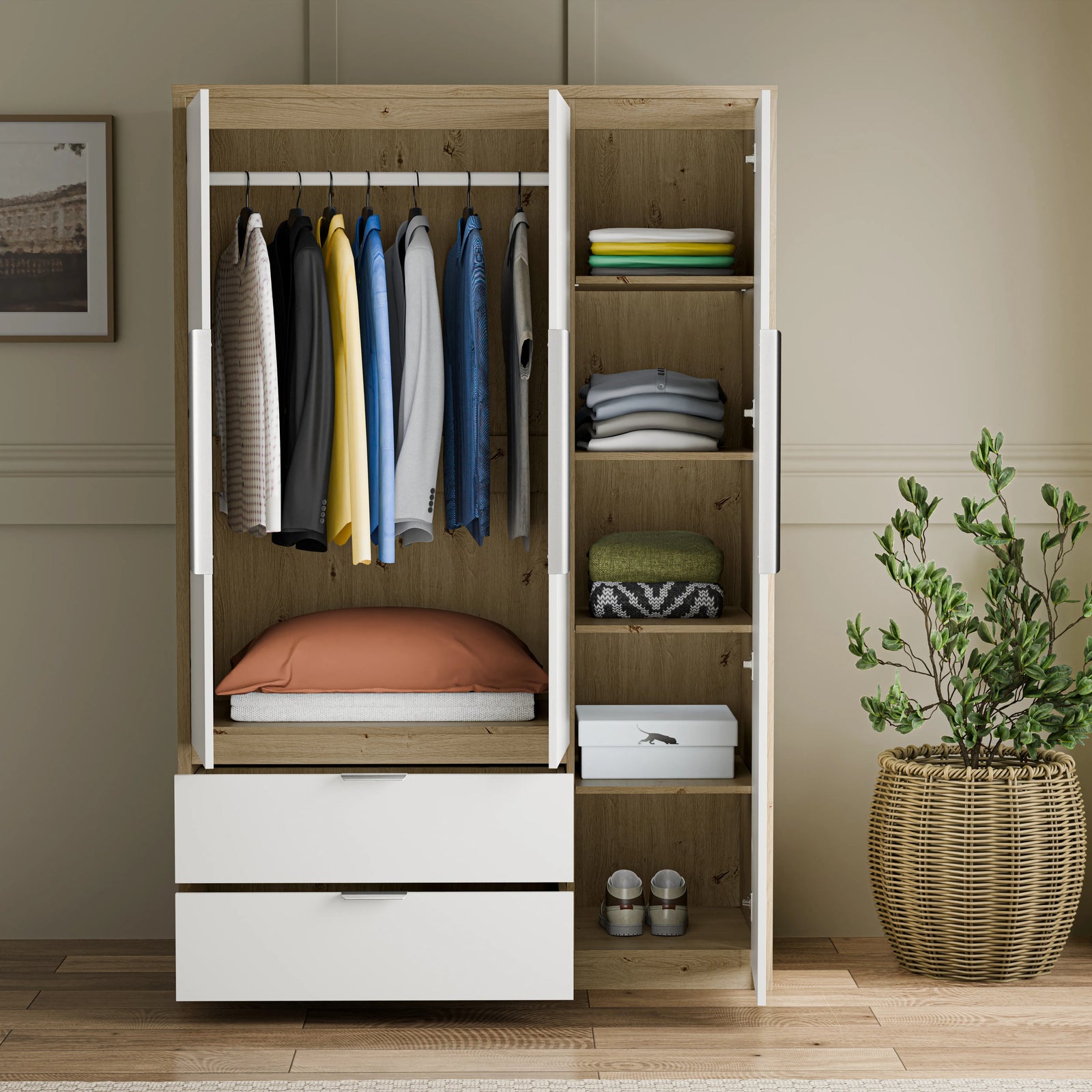 [White] Open Skova wardrobe layout: long hanging rail, tall shelf stack and two internal drawers below