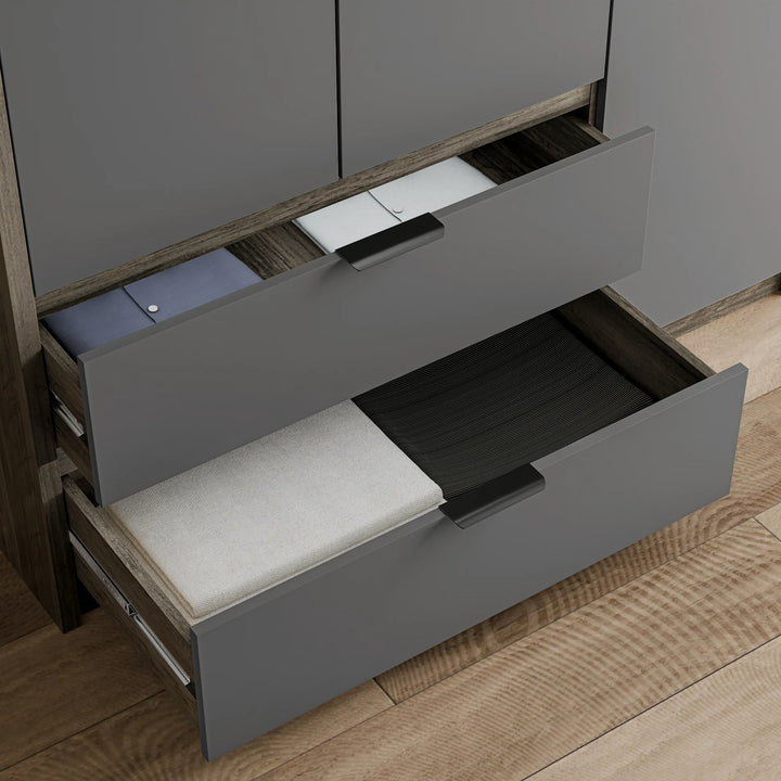 [Wooden Grey+Grey] Skova 3 door wardrobe twin drawers extended on runners, carcass shown in darker wood