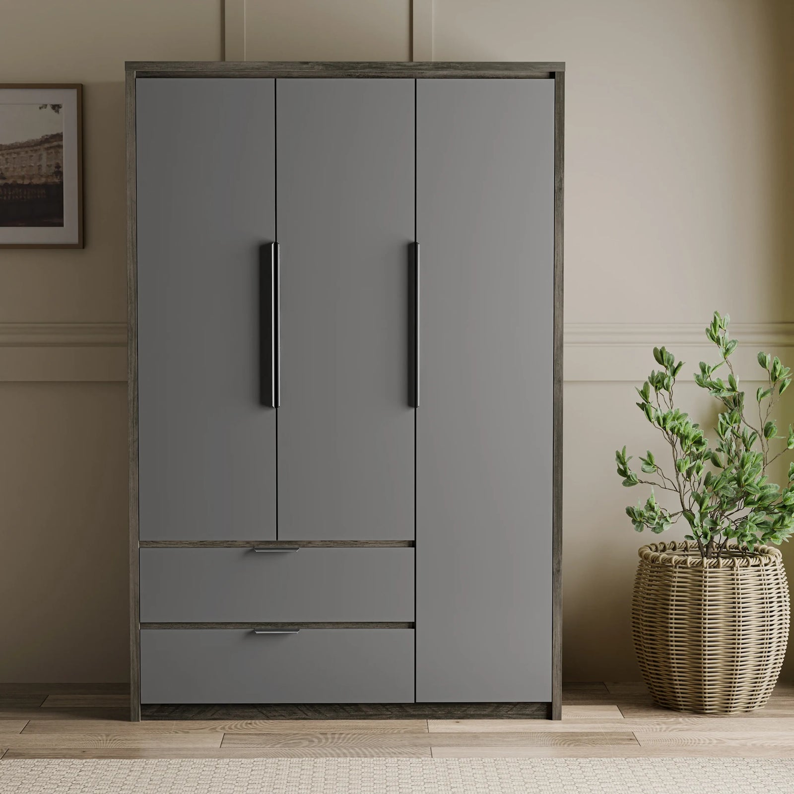 [Wooden Grey+Grey] Skova 3 door wardrobe facing camera with tall panel doors, twin drawers and bar handles