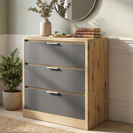 [Oak+Grey] Skova chest of drawers in styled hallway with eucalyptus stems on oak top under round wall mirror