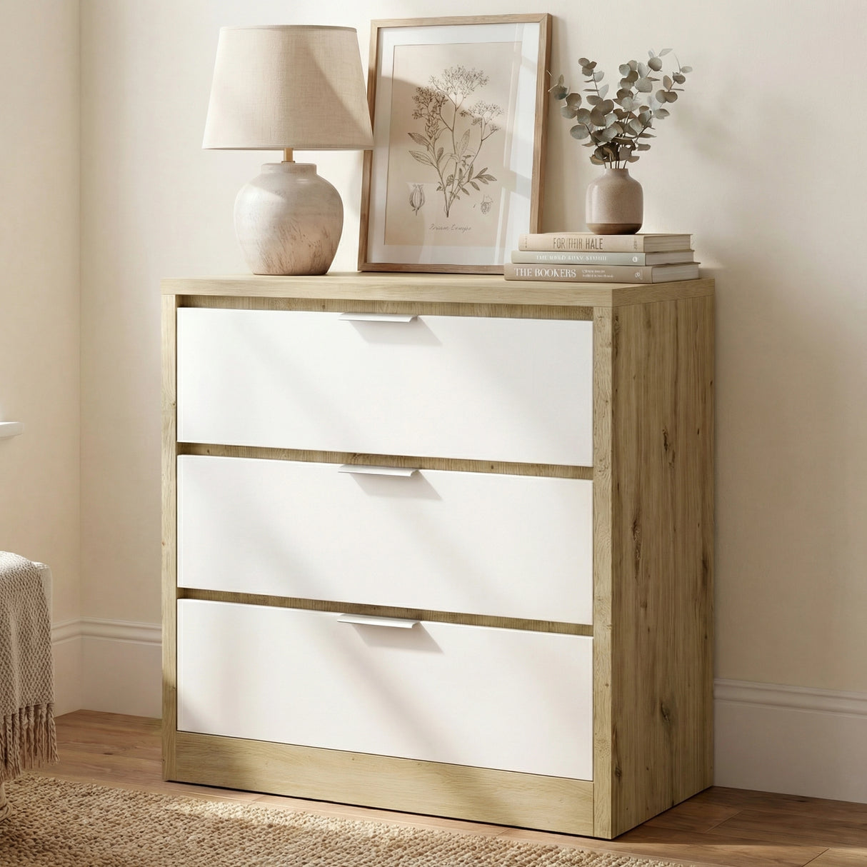 [Oak+White] Skova chest of drawers with oak frame and three white drawers, lamp and framed print on top