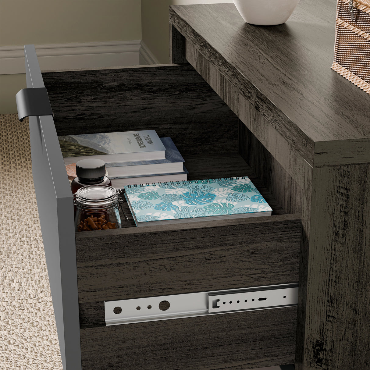 [Wooden Grey+Grey] Skova chest of drawers top drawer extended, books stacked and small jar inside grey base