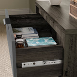 [Wooden Grey+Grey] Skova chest of drawers top drawer extended, books stacked and small jar inside grey base
