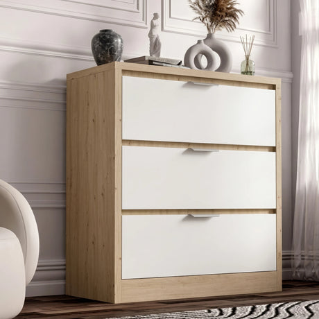 Skova design chest of drawers in a modern dual finish, featuring a light wood frame and three white drawers