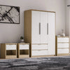 [Oak+White] Skova bedroom furniture set in a room: 3 door wardrobe, chest and two bedsides shown together