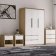 [Oak+White] Skova bedroom furniture set in a room: 3 door wardrobe, chest and two bedsides shown together