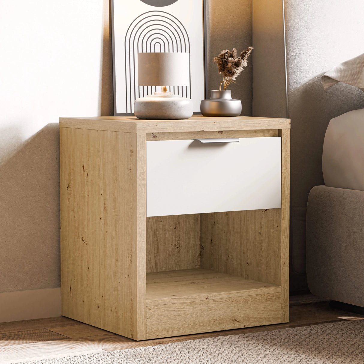 [Oak+White] Skova bedroom furniture set bedside in oak, one white drawer above open lower shelf, sofa beside