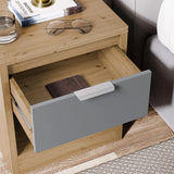 [Oak+Grey] Skova bedroom furniture set bedside in oak with grey drawer pulled forward, sofa beside