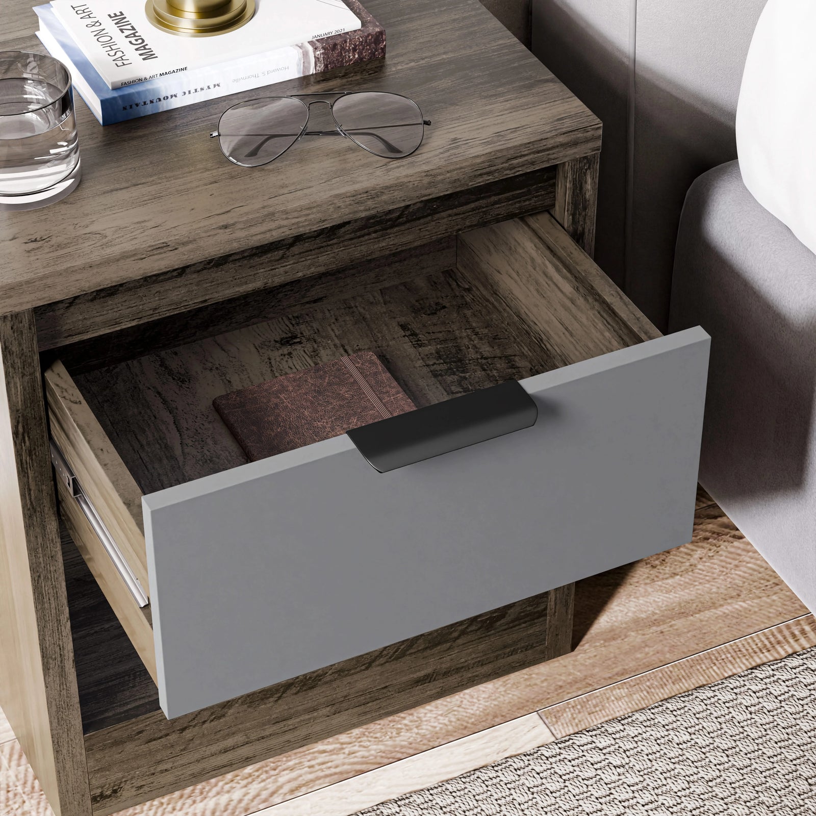 [Wooden Grey+Grey] Skova bedroom furniture set bedside drawer extended, dark wood carcass, grey front