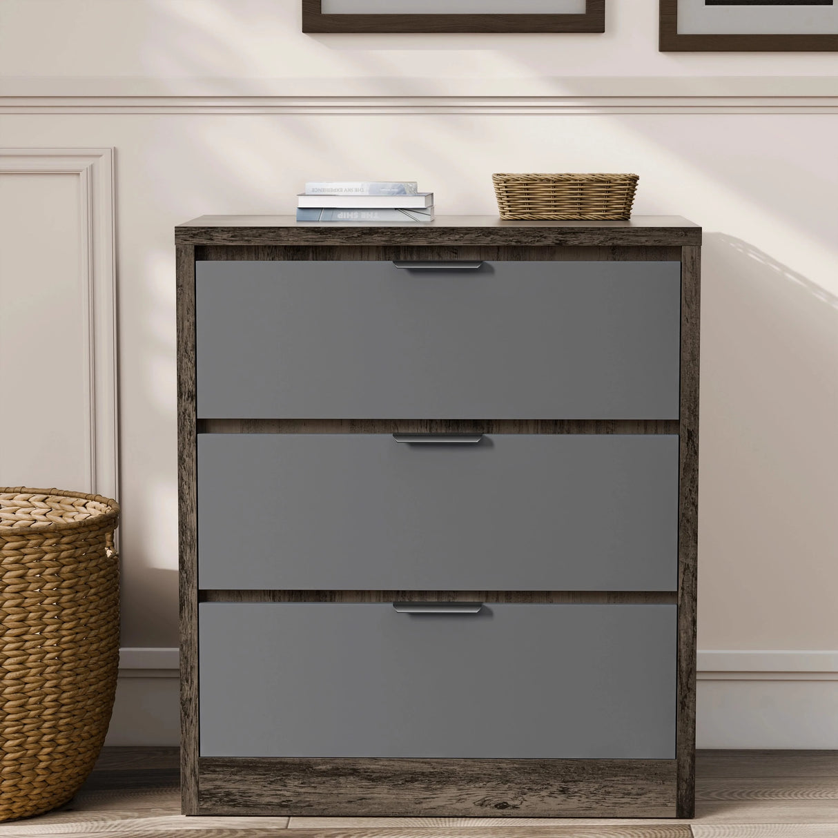 [Wooden Grey+Grey] Skova bedroom furniture set 3 drawer chest, dark wood frame with grey drawer fronts