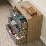 [Oak+Grey] Skova bedroom furniture set 3 drawer chest open, oak grey block, each drawer extended