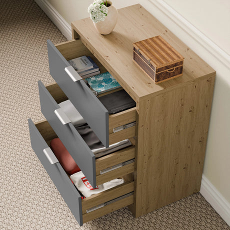 [Oak+Grey] Skova bedroom furniture set 3 drawer chest open, oak grey block, each drawer extended