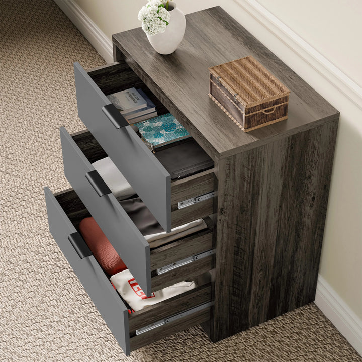 [Wooden Grey+Grey] Skova bedroom furniture set chest with three grey drawers pulled out, folded clothes inside