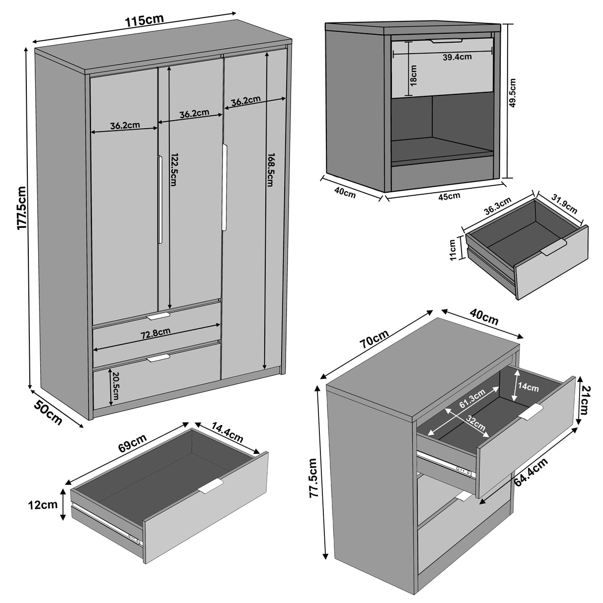 [Oak+Grey] Skova bedroom furniture set sizes grey block: wardrobe 115x50x177.5, chest 70x40x77.5, bedside 45x46x46 cm