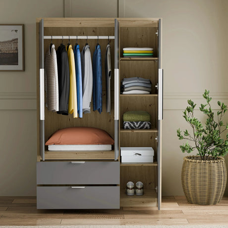 [Oak+Grey] Skova bedroom furniture set wardrobe interior, rail above orange blanket, two grey drawers below