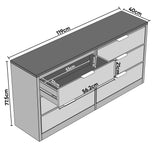 Diagram of 6 chest of drawers displaying dimensions, including 77.5 cm height, 119 cm width, 40 cm depth, and drawer sizes