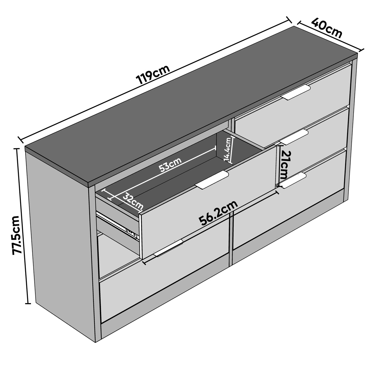 Dimension diagram of bedroom chest of drawers showing 77.5 cm height, 119 cm width, and 40 cm depth, with drawer measurements