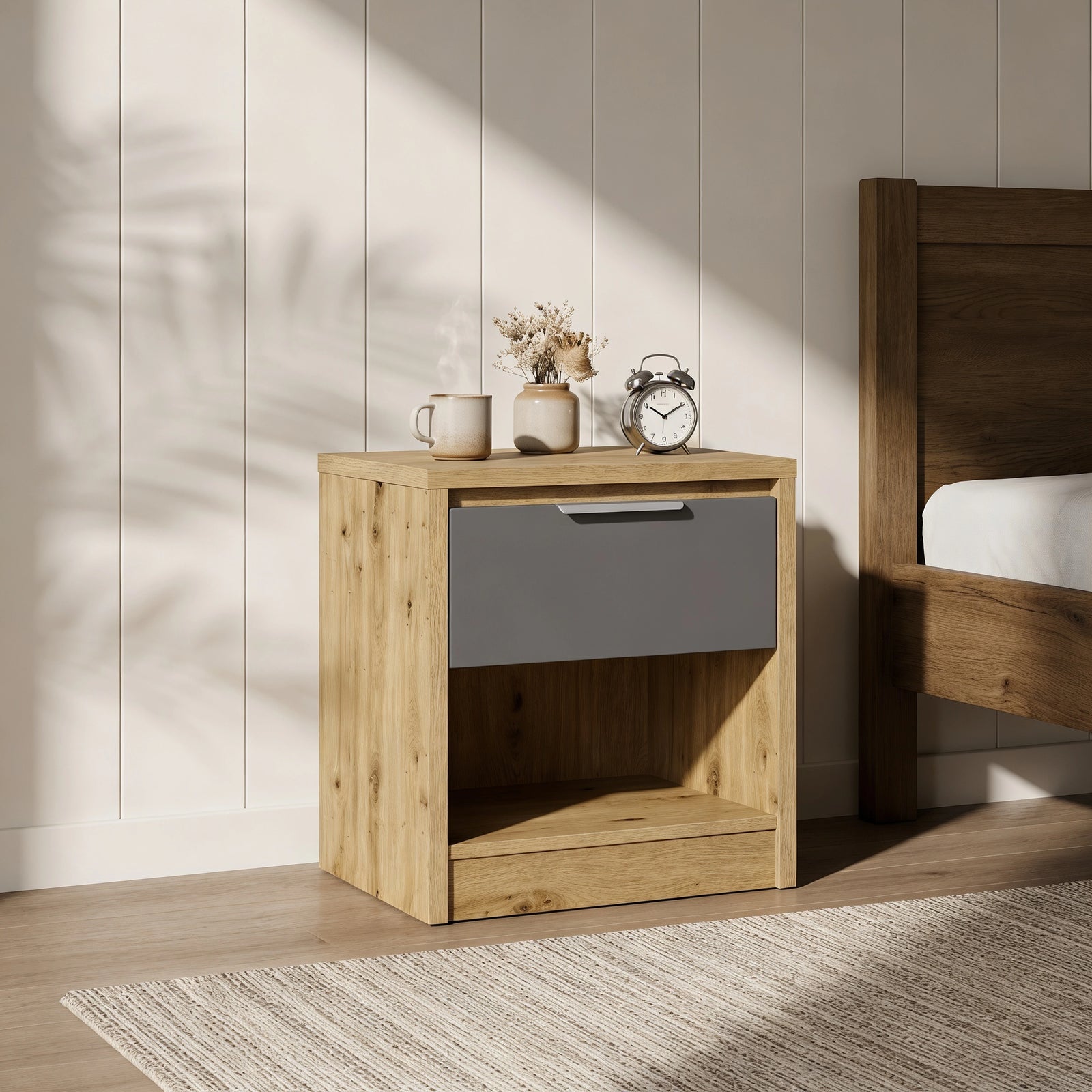 [Oak+Grey]  Wooden nightstand with gray drawer next to a bed in a bedroom setting