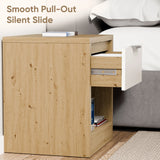[Oak+White] Top-down look at Skova bedside table, white front extended, oak base of drawer visible, hardback book on top