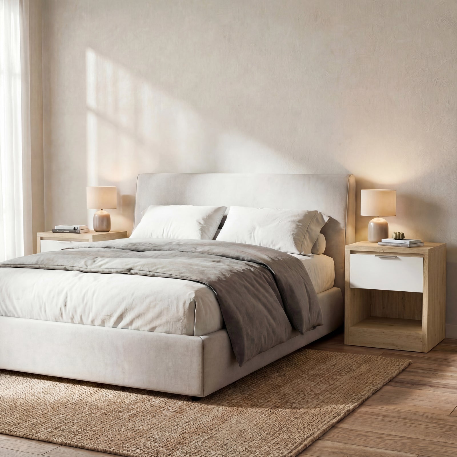 [Oak+White] Bedroom scene with Skova bedside pair in oak and white either side of a beige fabric bed frame