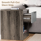 [Wooden Grey+Grey] Wooden Grey Skova bedside table cutaway angle showing runner mechanism and open shelf with paperbacks