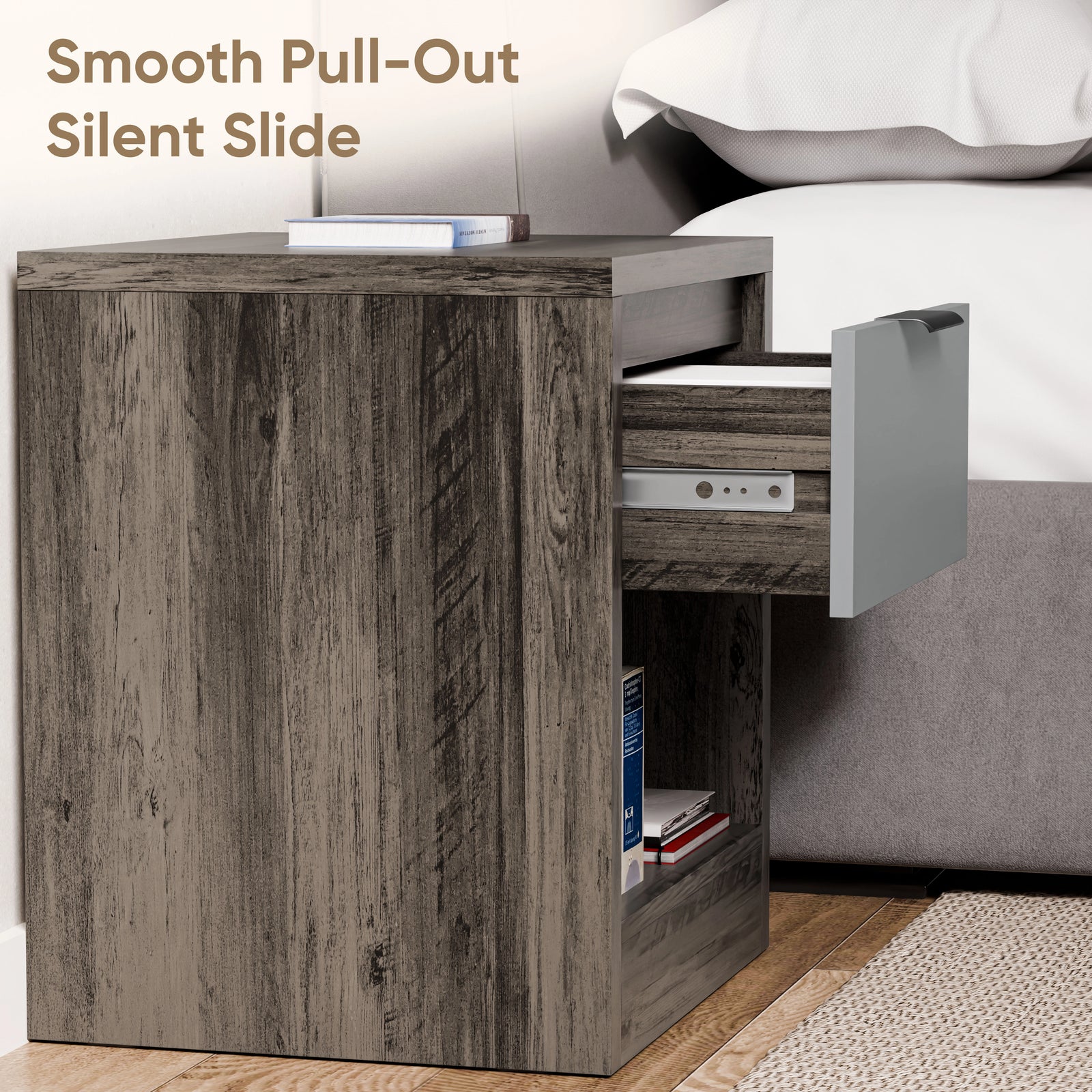 [Wooden Grey+Grey] Wooden Grey Skova bedside table cutaway angle showing runner mechanism and open shelf with paperbacks
