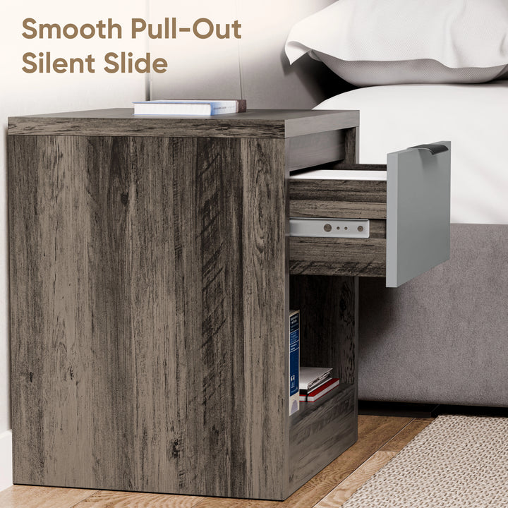 [Wooden Grey+Grey] Wooden Grey Skova bedside table cutaway angle showing runner mechanism and open shelf with paperbacks