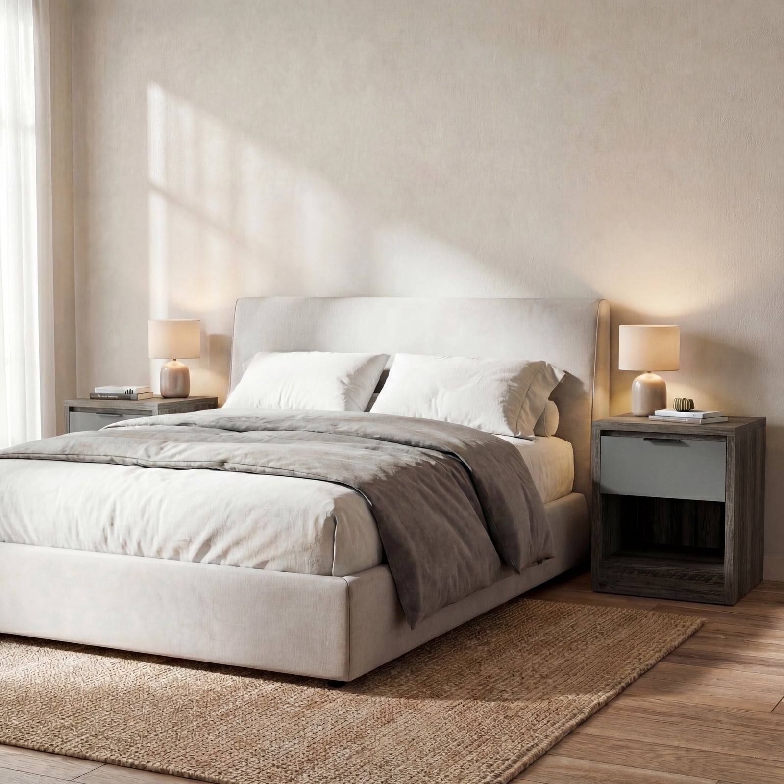 [Wooden Grey+Grey] Skova bedside pair flanking a cream upholstered bed, dark wooden grey tops with lit lamps
