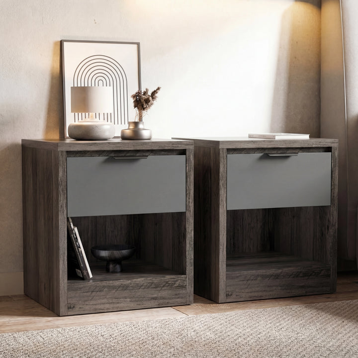 [Wooden Grey+Grey] Skova bedside pair styled together with wooden grey bodies and grey drawer fronts beside a chair