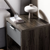 [Wooden Grey+Grey] Close view of one Skova bedside cabinet top with mushroom lamp and stacked book on dark wood