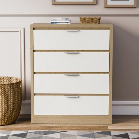 [Oak+White] Skova 4 drawer chest, four equal white drawers stacked on oak carcass, chrome pulls