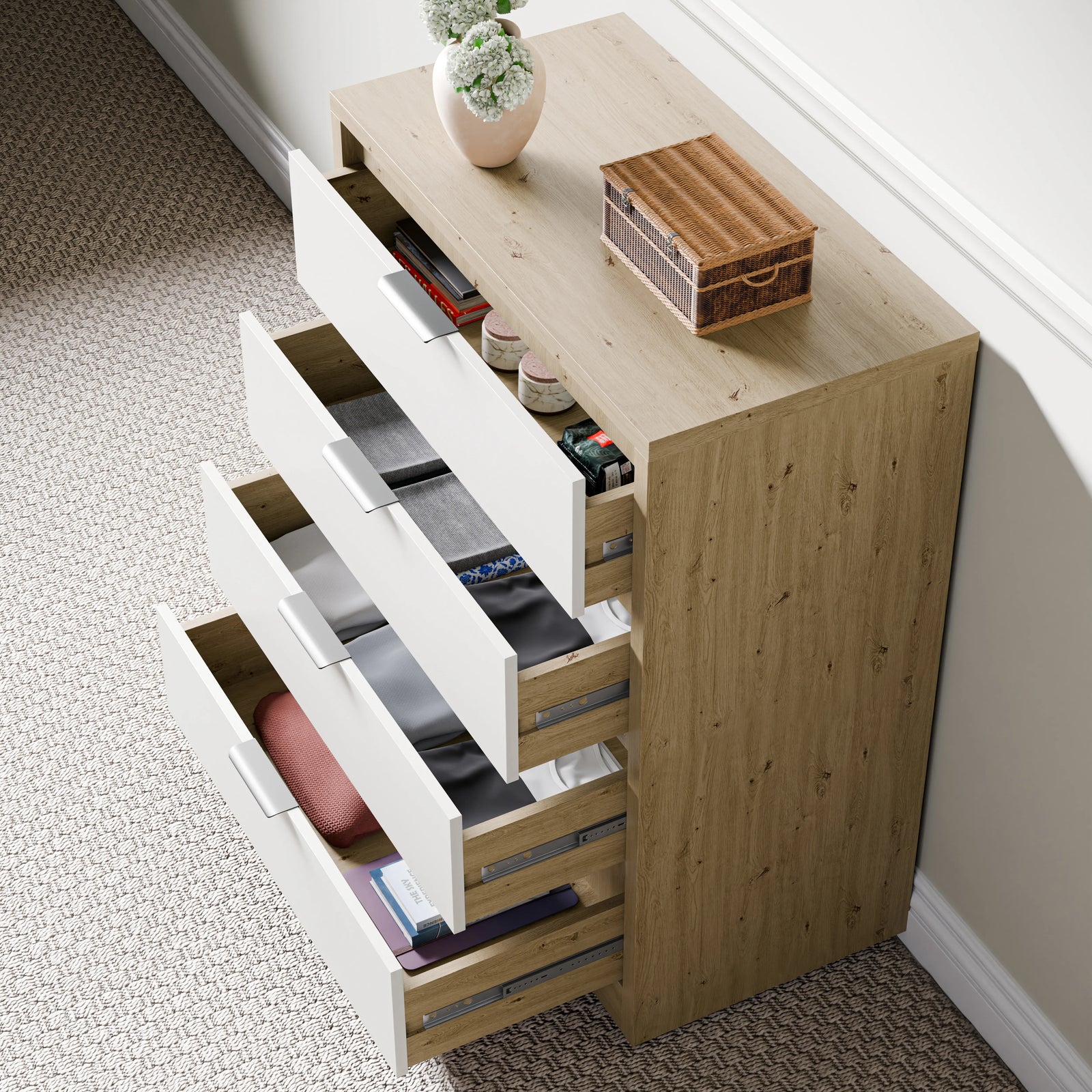 [Oak+White] Skova oak and white 4 drawer chest with four drawers pulled out simultaneously