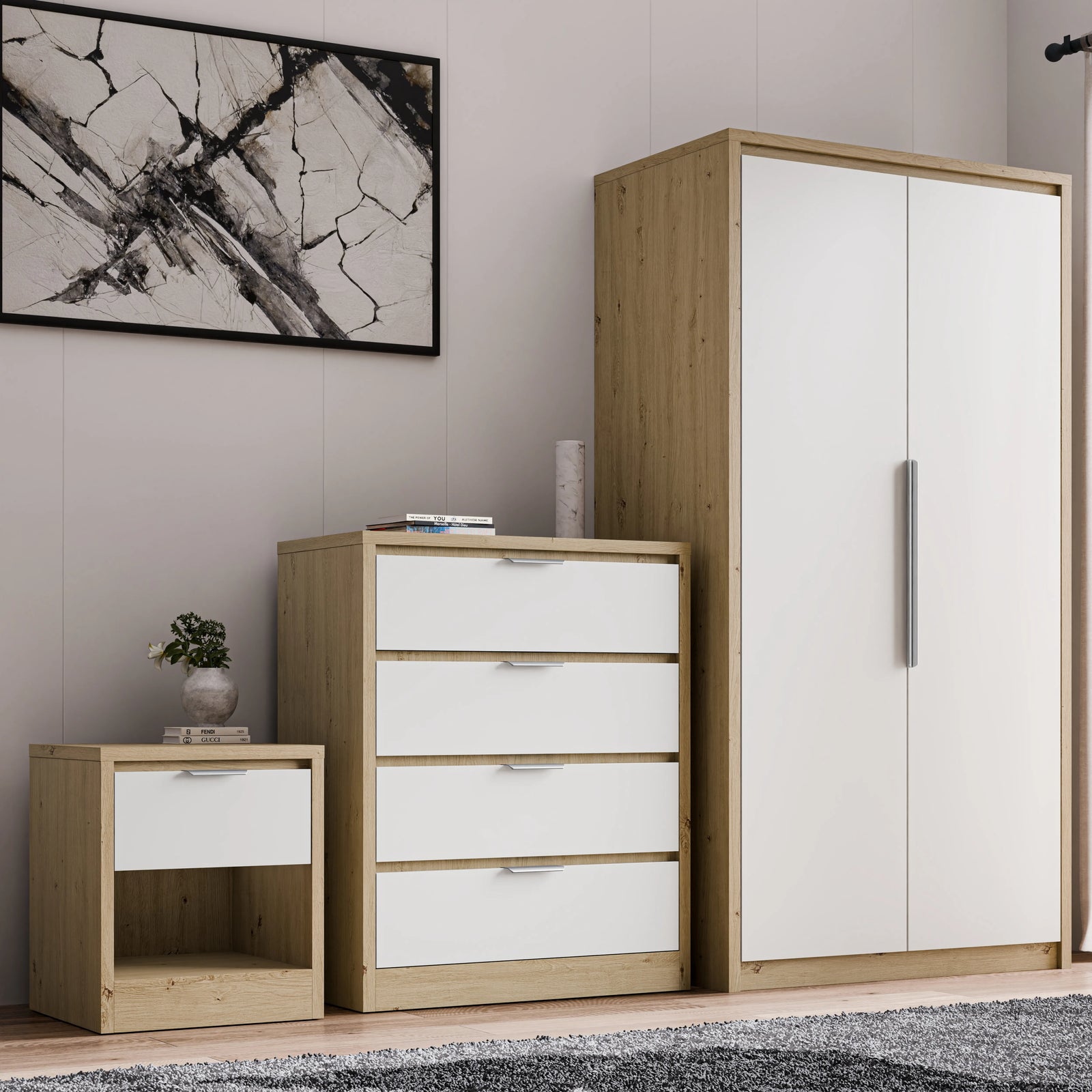 [Oak+White] Skova oak and white trio: bedside left, chest centre, wardrobe right against panelling