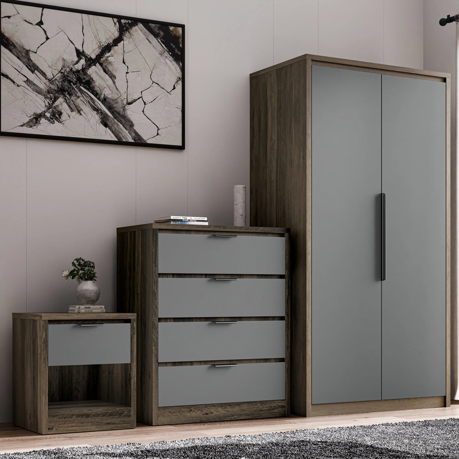 [Wooden Grey+Grey] Skova wardrobe, chest and bedside with grey fronts on wooden-grey carcasses