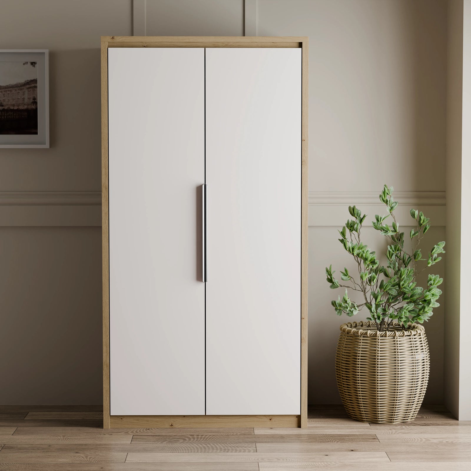 [Oak+White] front view of Skova 2 door wardrobe in oak and white, doors shown closed