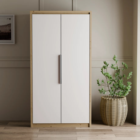 [Oak+White] front view of Skova 2 door wardrobe in oak and white, doors shown closed