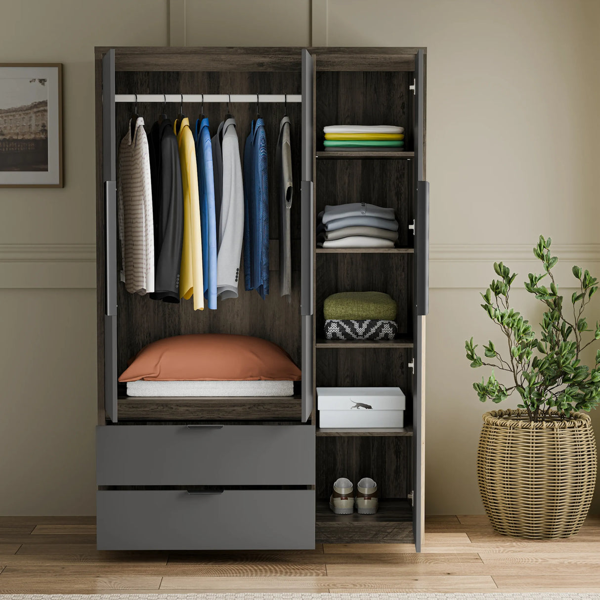 Skova 4 Piece Bedroom Furniture Set wardrobe open view showing hanging rail, shelves, and drawers in dark grey wood finish. Ideal for modern UK bedrooms.