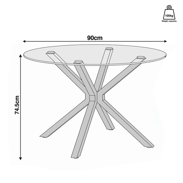 [Glass] Round glass dining table size guide showing 90cm diameter, 74.5cm height & 100kg capacity, with a crossed iron base.
