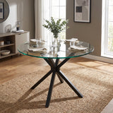 [Glass] Skyra 90cm Round Glass Dining Table set for four on a textured woven rug in a brightly lit room.