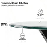 [White] Skyra dining table set close view of the 8mm tempered glass tabletop edge