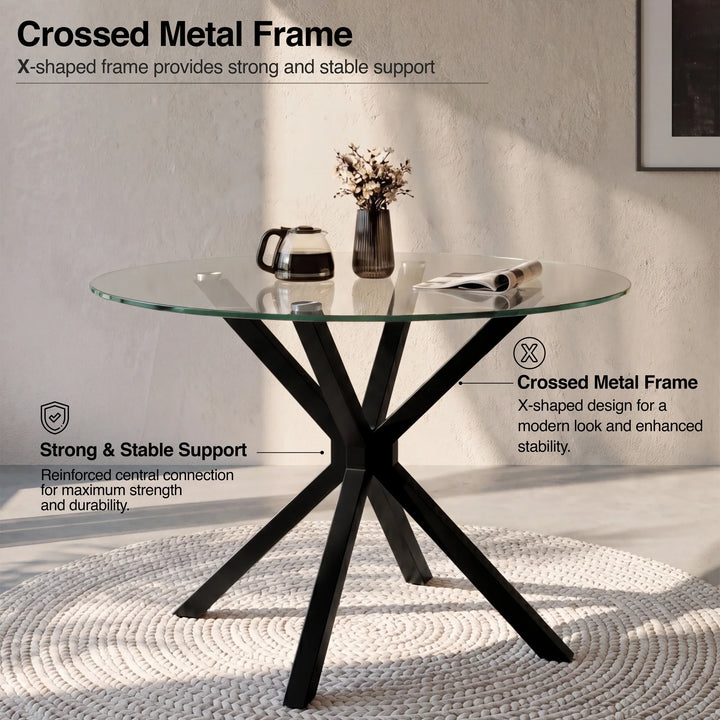 [White] Skyra dining table set support graphic showing crossed metal base beneath the tabletop
