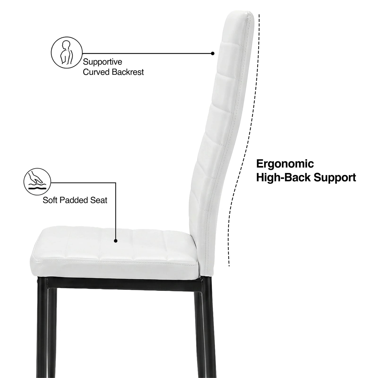 [White] Skyra dining table set side view of one chair with labelled seat and back support